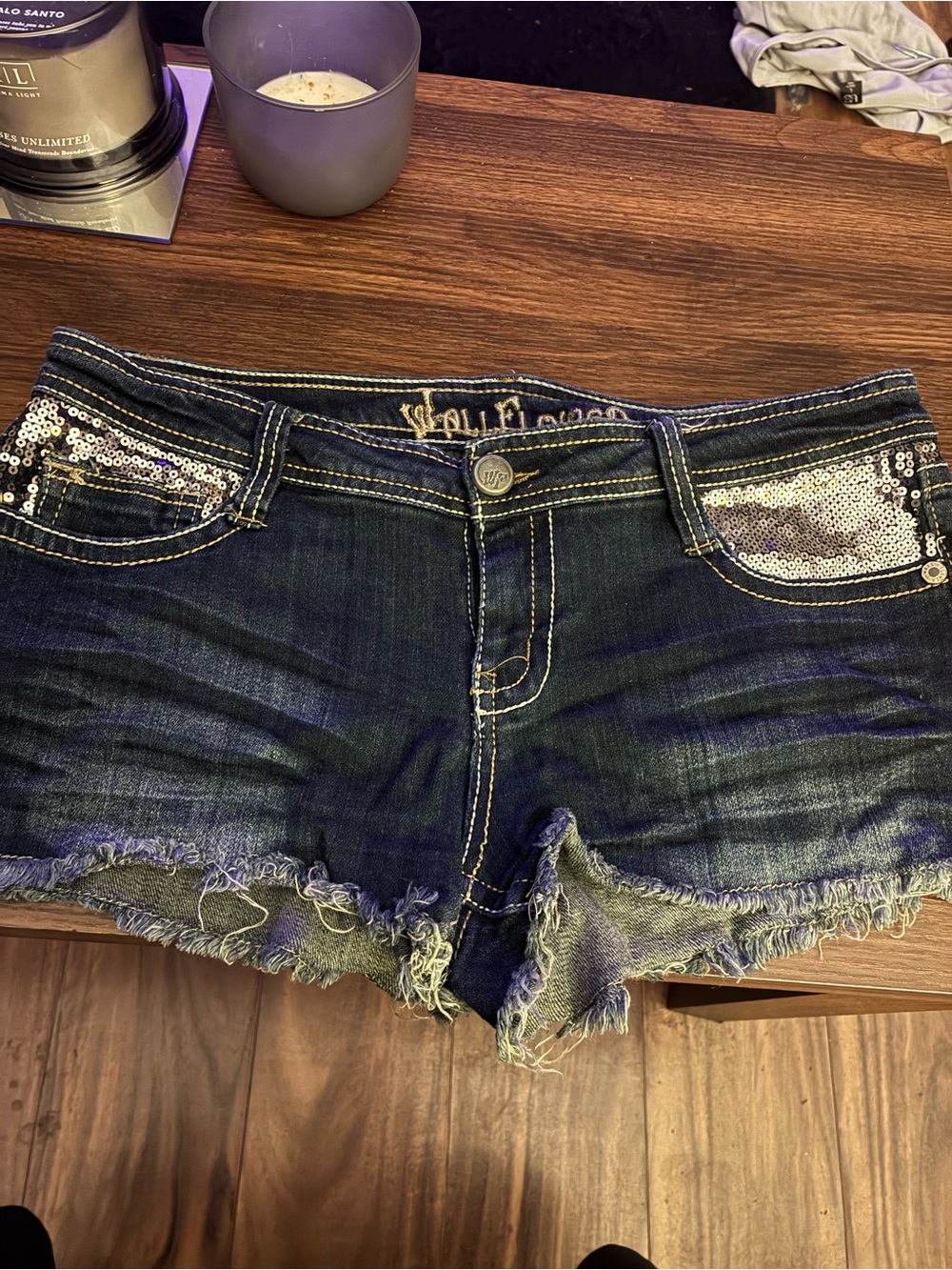 Wallflower Dark Wash Sequin Pocket Jean Shorts
